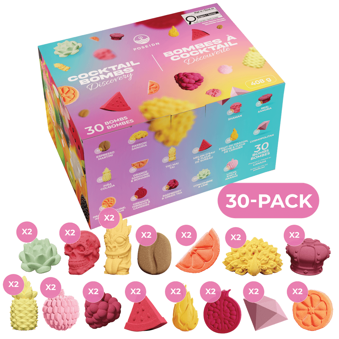 A 30-pack box of colorful cocktail bombs by Poseidon, displayed on a black background with individual bomb shapes arranged below. The box features a colorful gradient design and illustrations of different bomb flavors.
