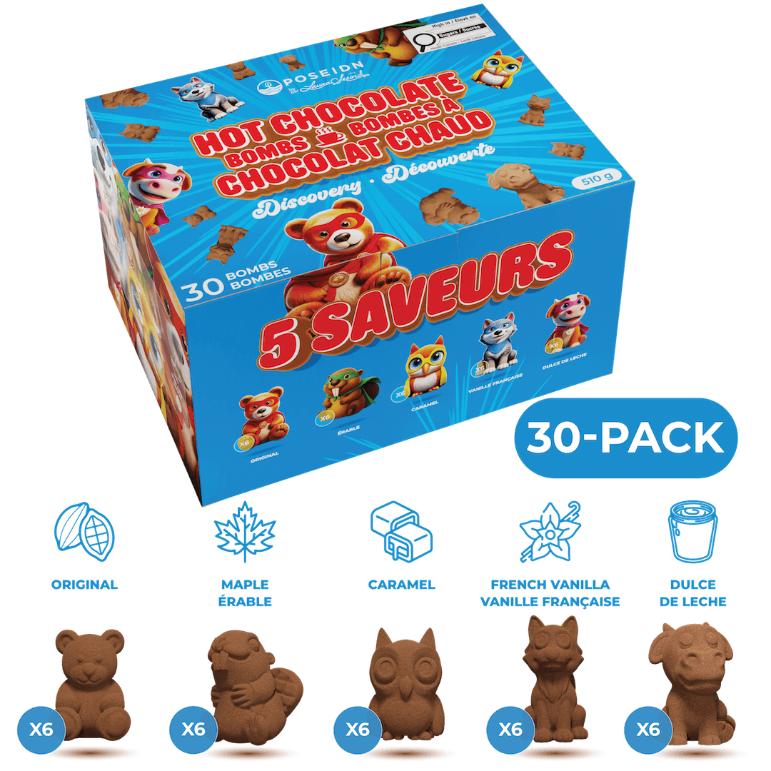 A 30-pack box of Discovery - Dreamworks hot chocolate cookies, featuring five different flavors (Original, Maple Érable, Caramel, French Vanilla, Dulce de Leche) with corresponding brown cookie shapes displayed below on a black background.