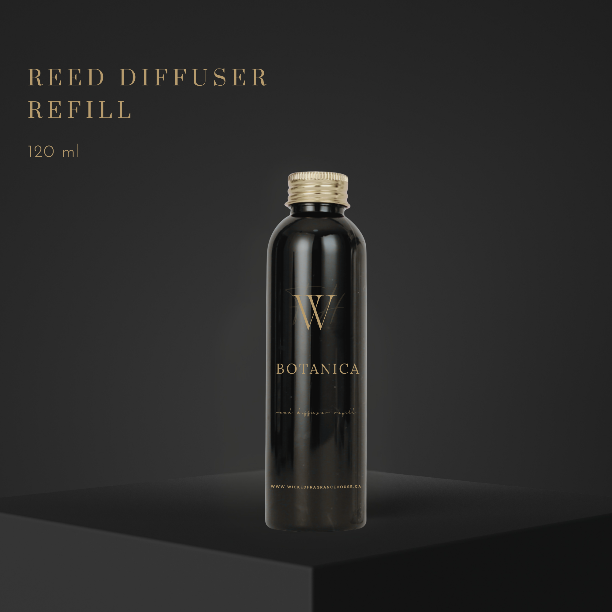 Black reed diffuser refill bottle with gold cap and 'W Botanica' branding on a dark background.