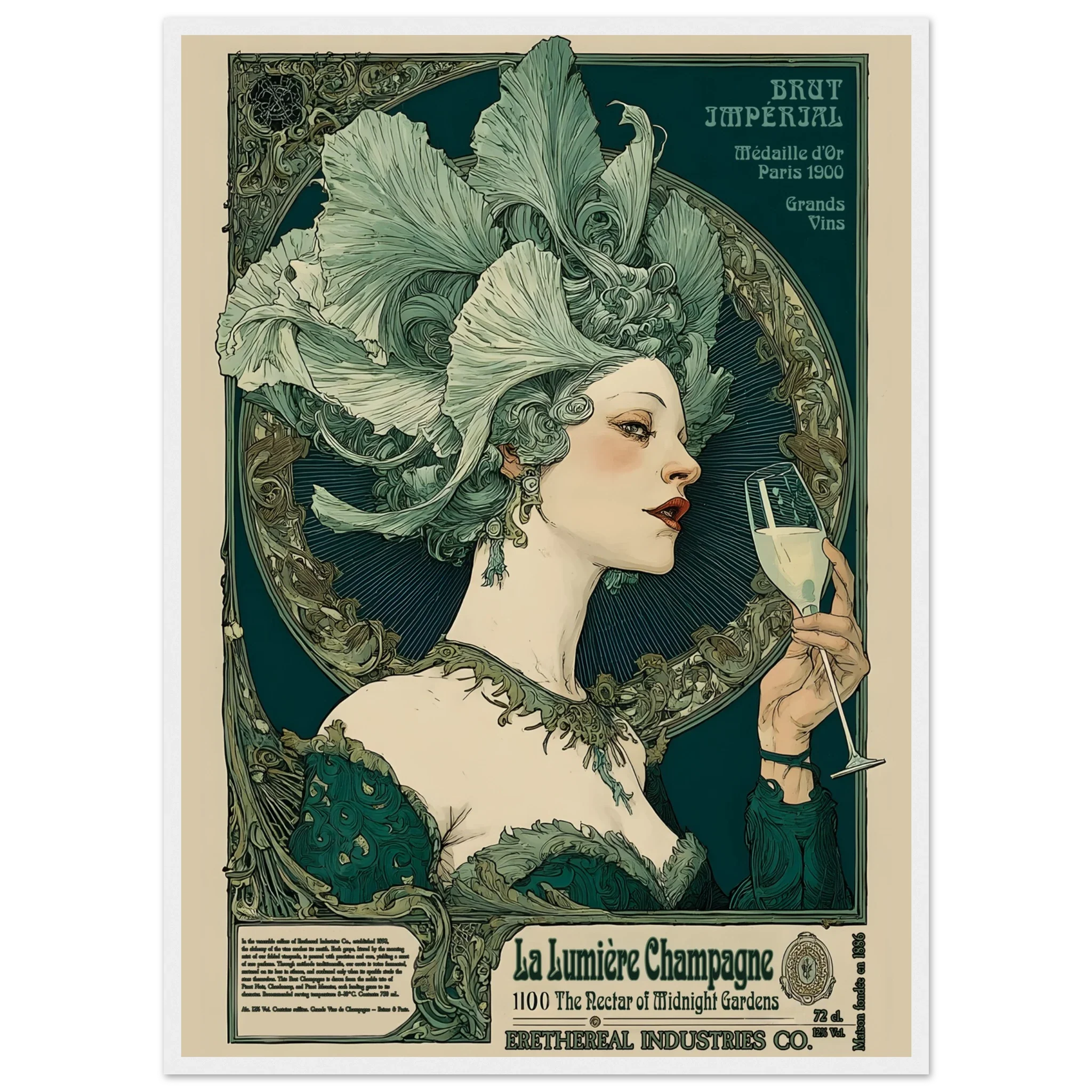 Vintage-style poster of a woman with an elaborate headdress holding a champagne glass, with decorative text and design elements.