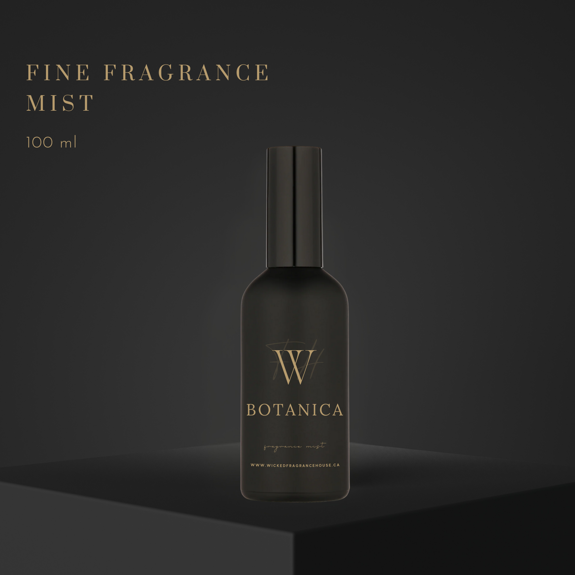 Black fragrance mist bottle with 'W Botanica' branding on a dark background
