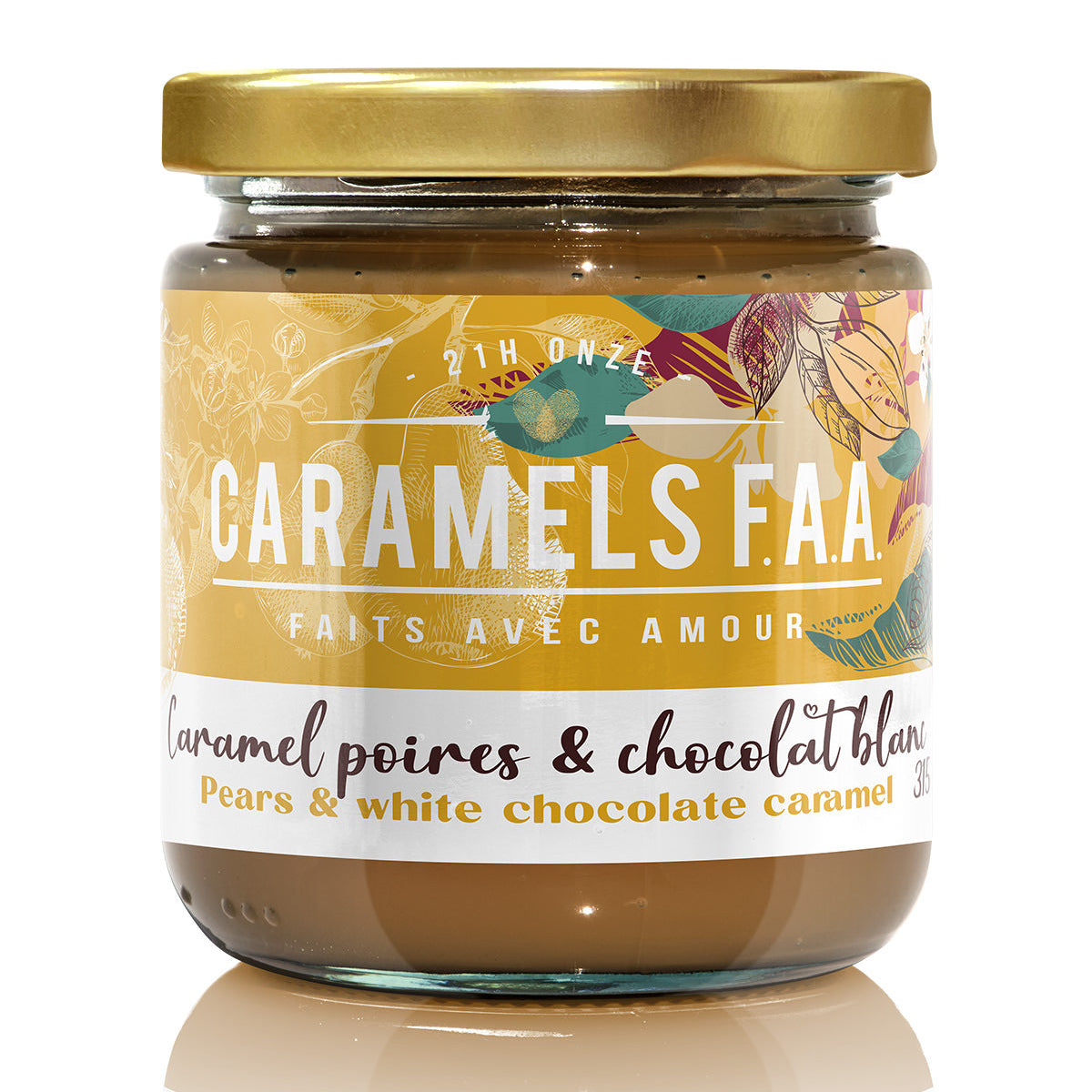 Jar of Caramels F.A.A with a gold lid on a white background