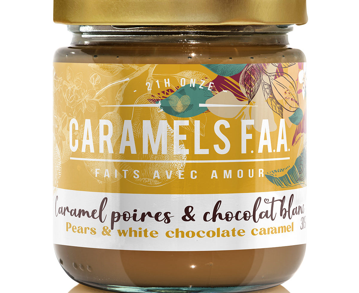 Jar of Caramels F.A.A with a gold lid on a white background