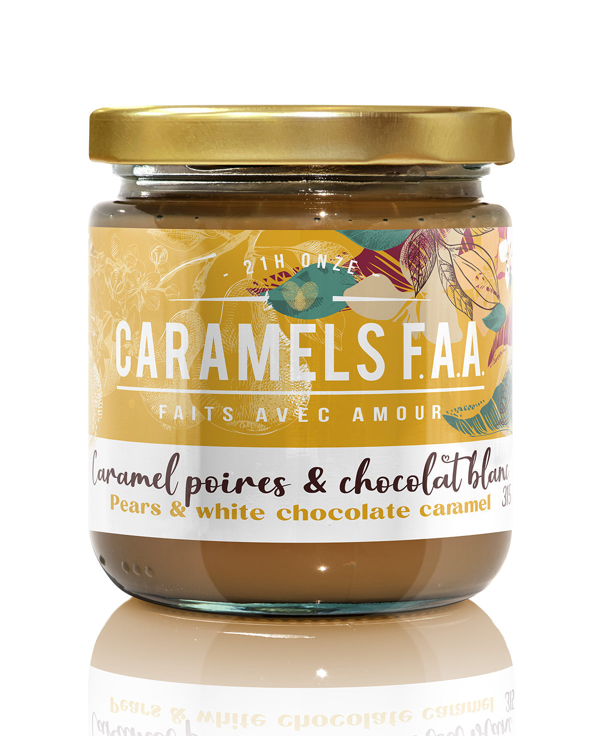 Jar of Caramels F.A.A with a gold lid on a white background