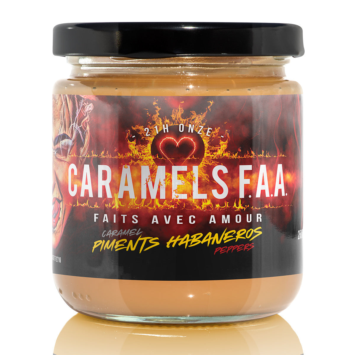 Jar of Caramels F.A.A. with fiery design on label