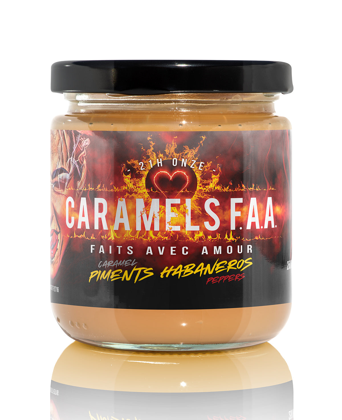 Jar of Caramels F.A.A. with fiery design on label