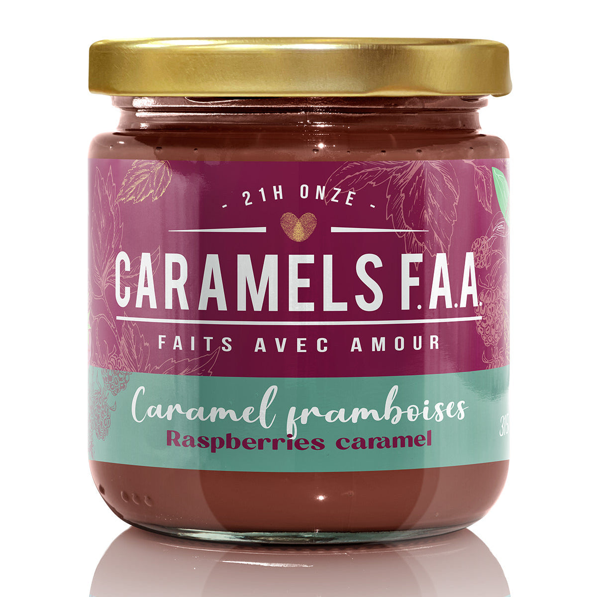 Jar of Caramels F.A.A. caramel with a gold lid on a white background