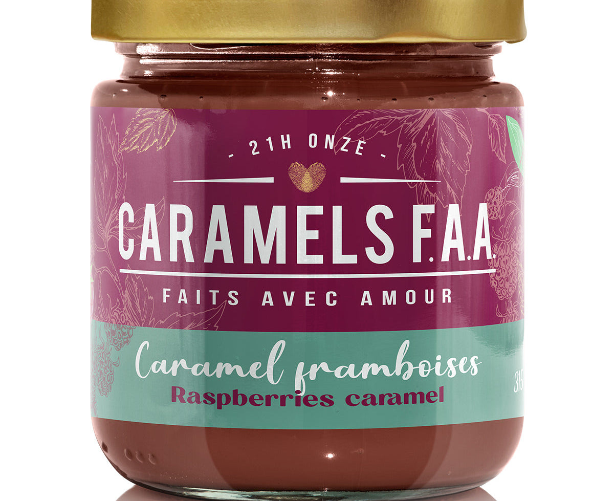 Jar of Caramels F.A.A. caramel with a gold lid on a white background