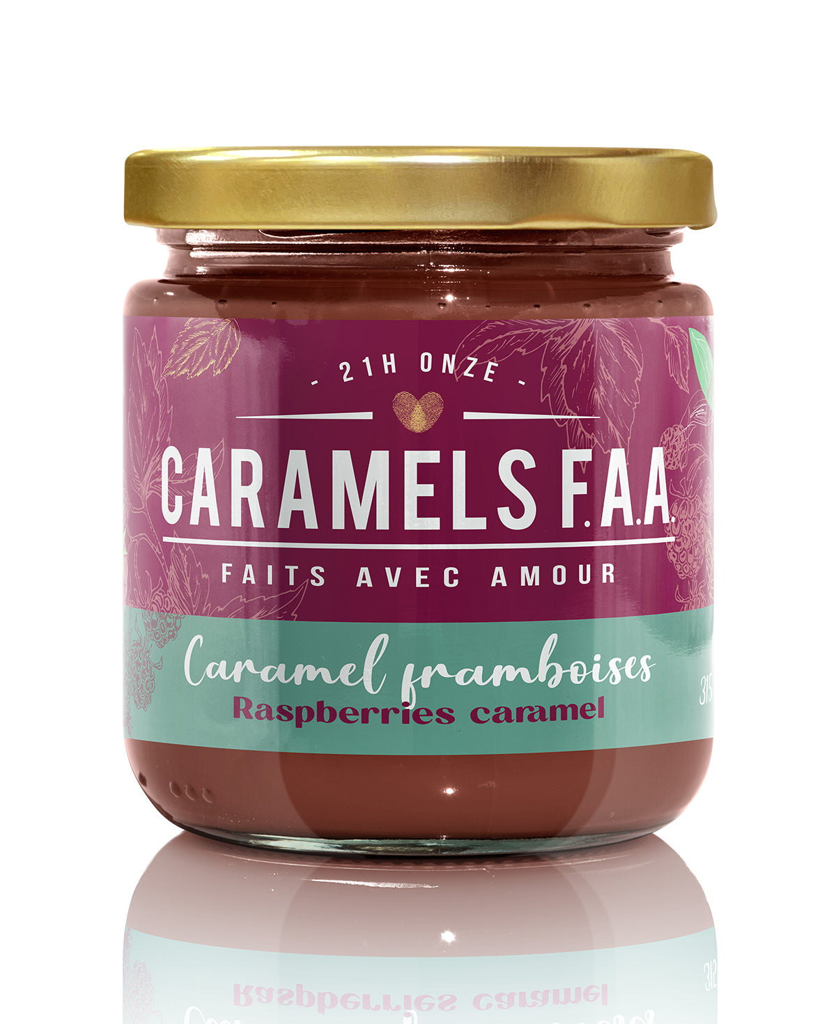 Jar of Caramels F.A.A. caramel with a gold lid on a white background