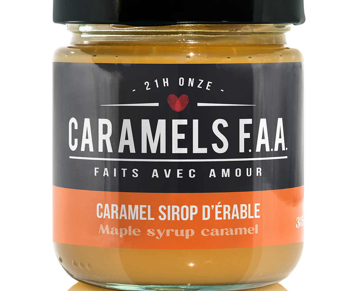 Jar of Caramels FAA maple syrup caramel on a white background