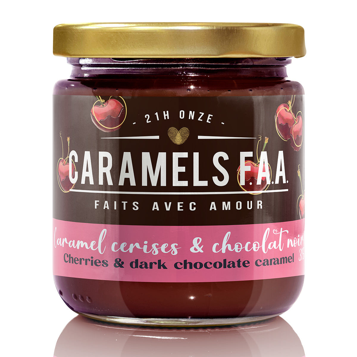 Jar of Caramels F.A.A. with a gold lid on a white background