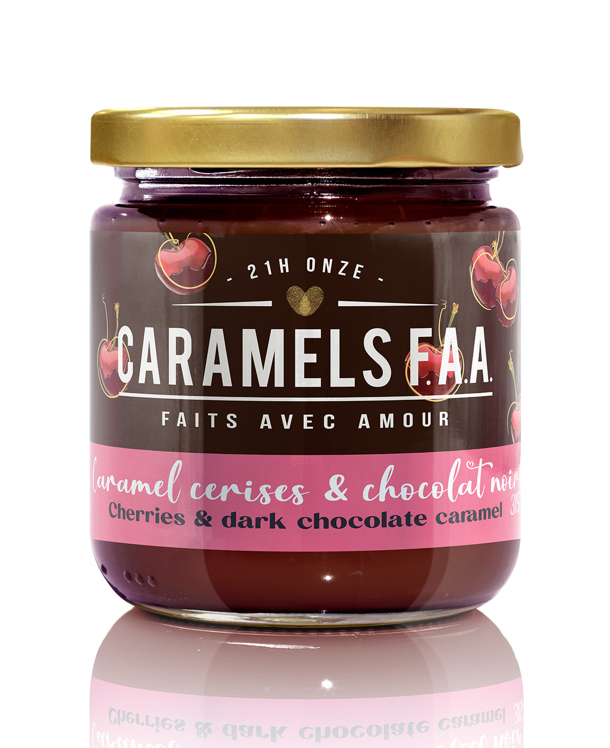 Jar of Caramels F.A.A. with a gold lid on a white background