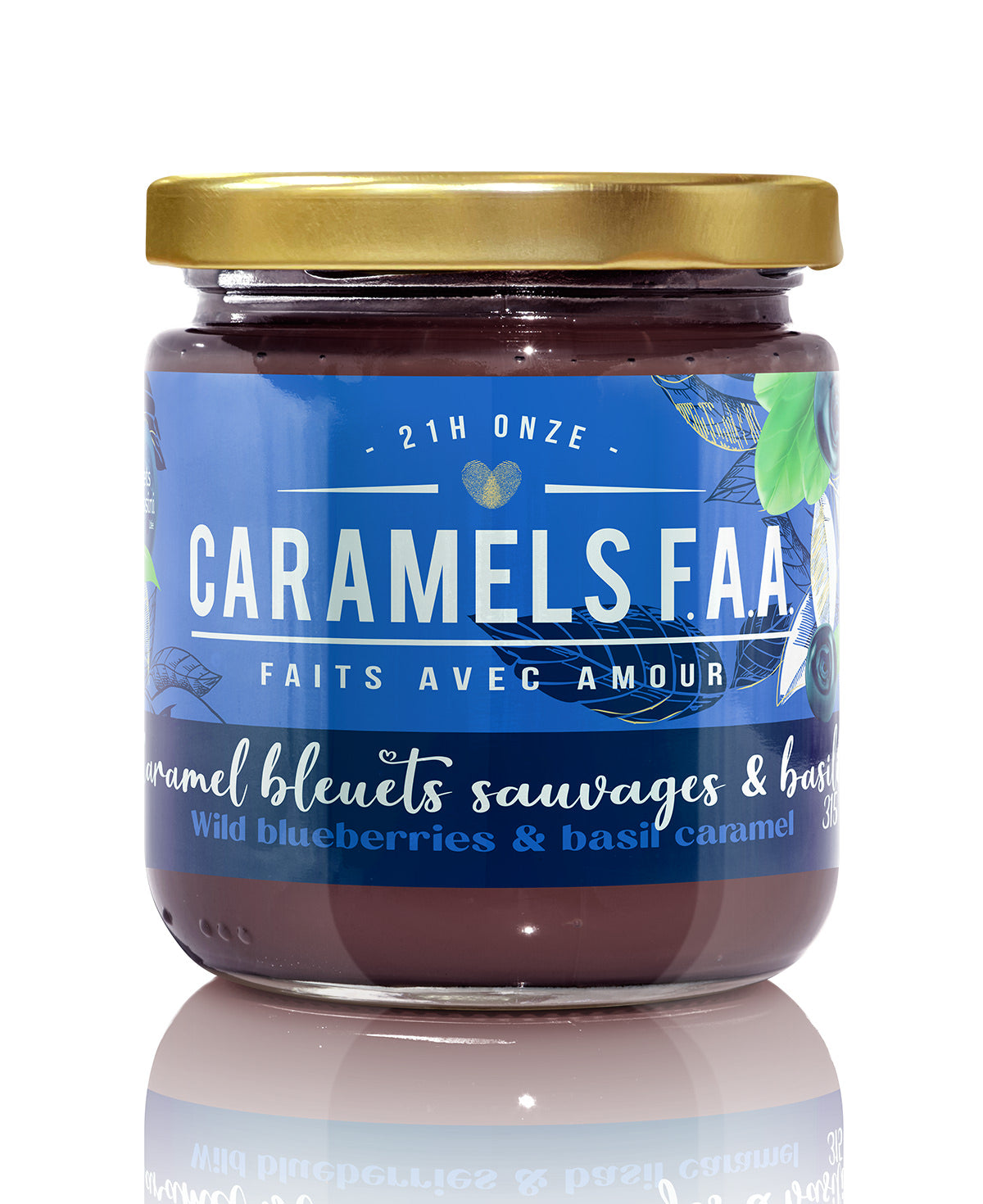 Jar of Caramels F.A.A. with a blue label and gold lid on a white background