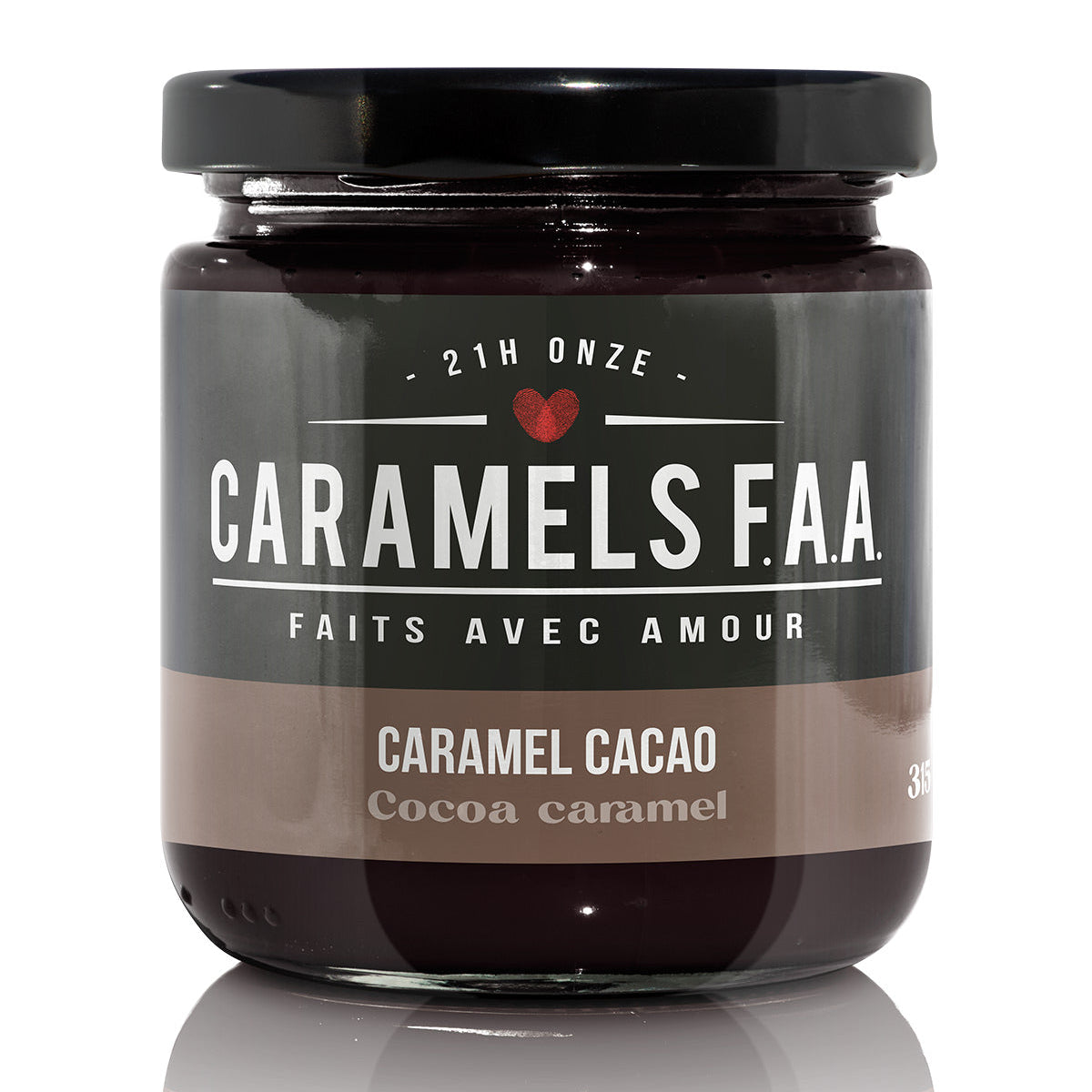 Jar of Caramels F.A.A. cocoa caramel on a white background