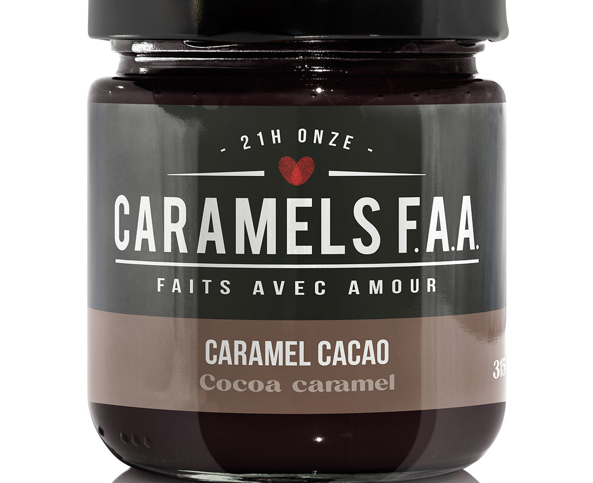 Jar of Caramels F.A.A. cocoa caramel on a white background