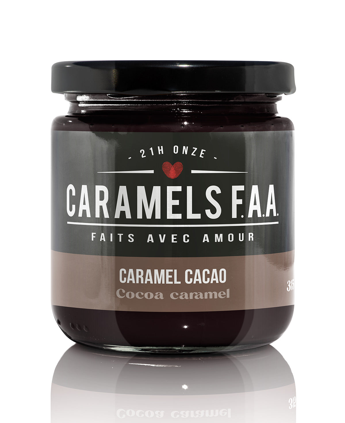 Jar of Caramels F.A.A. cocoa caramel on a white background