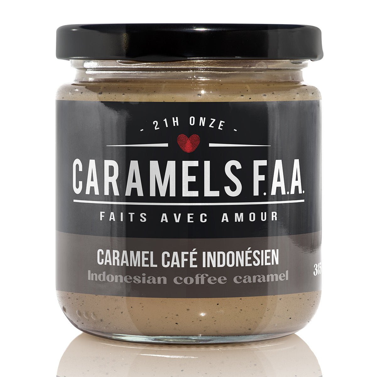 Jar of Caramels F.A.A. Indonesian coffee caramel on a white background