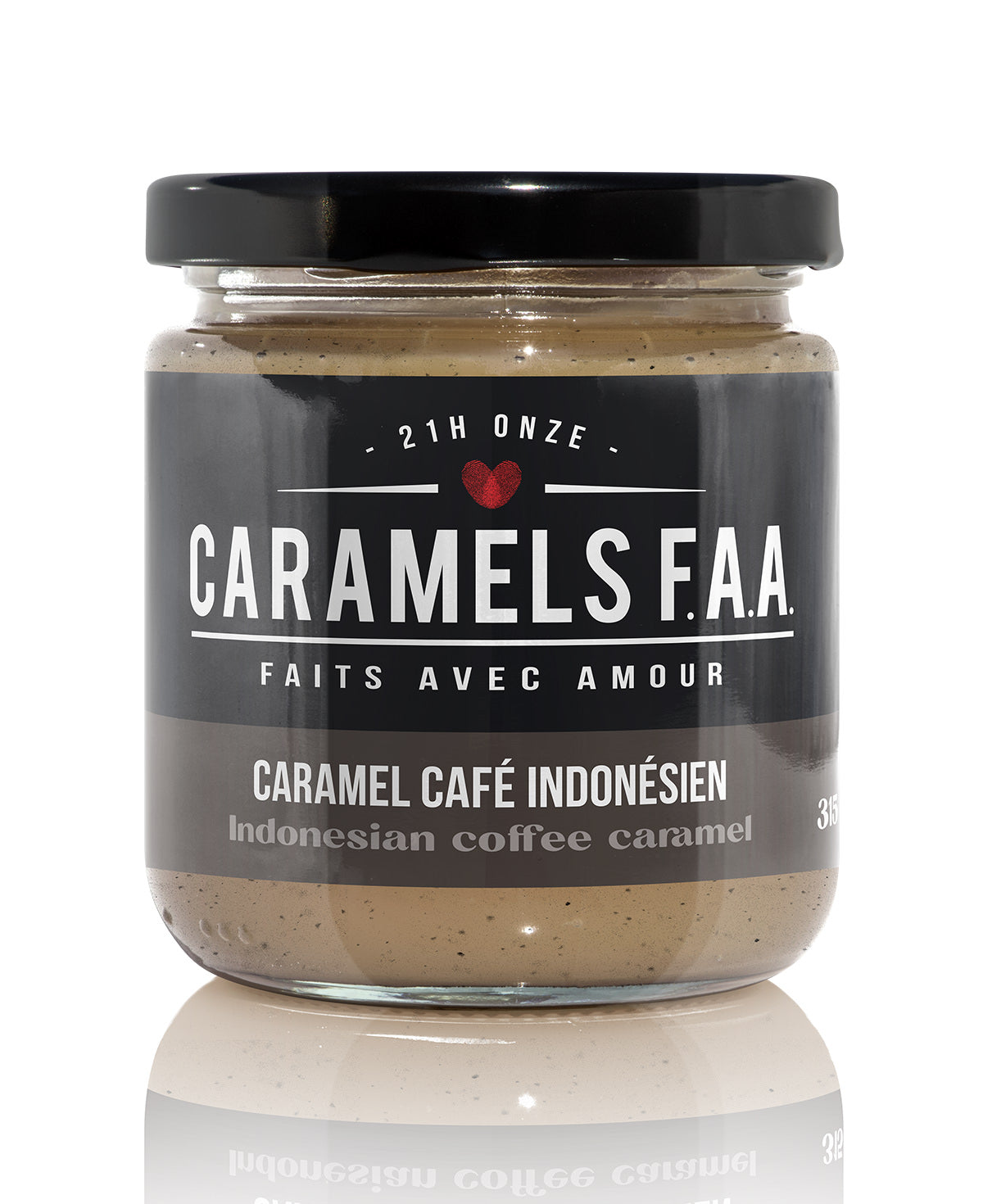 Jar of Caramels F.A.A. Indonesian coffee caramel on a white background