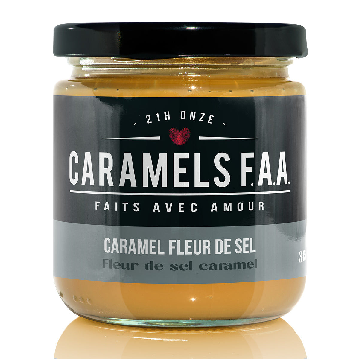 Jar of Caramels F.A.A. caramel with a black lid on a white background