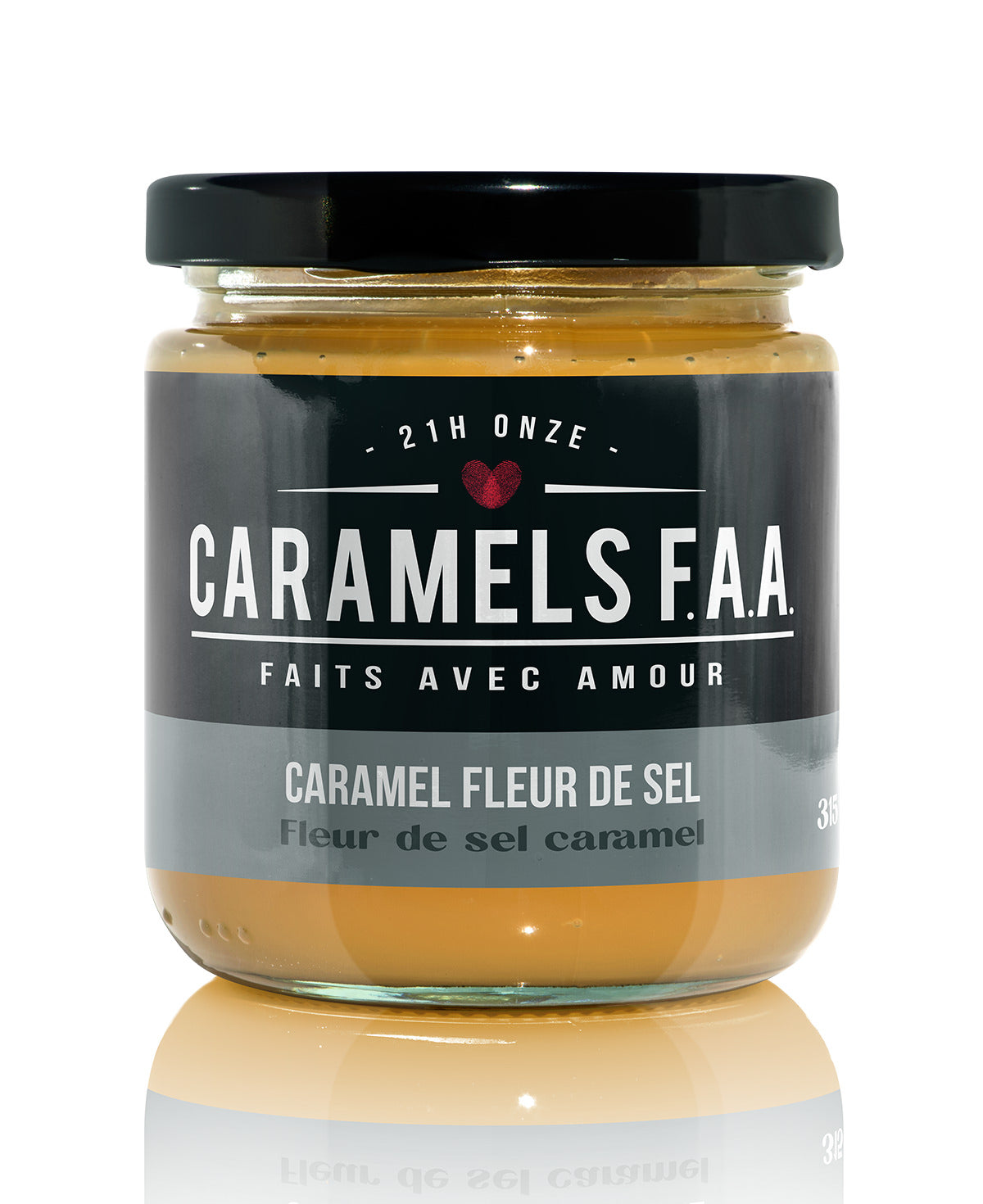 Jar of Caramels F.A.A. caramel with a black lid on a white background