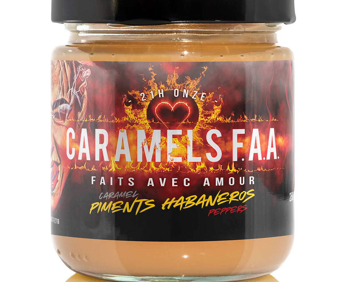 Jar of Caramels F.A.A. with fiery design on label