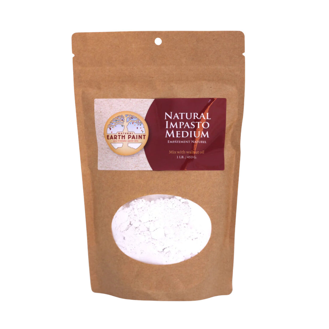 Kraft paper packaging of Natural Impasto Medium with a clear window showing the white powder inside.