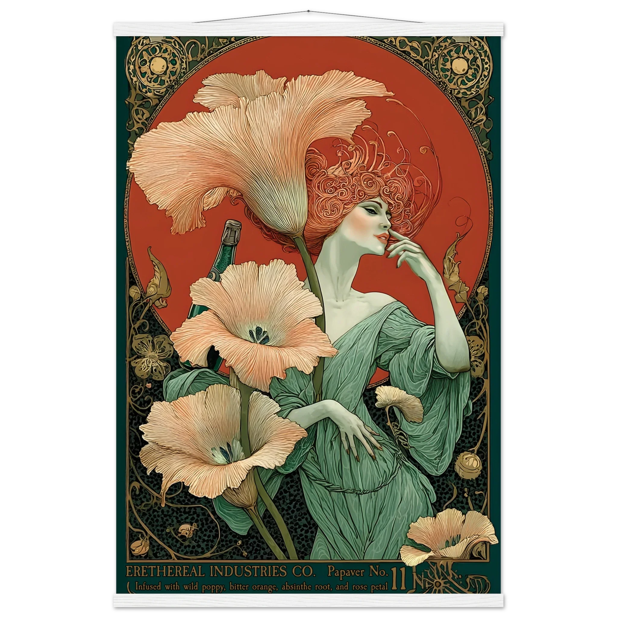 Art Nouveau-style poster with a woman and flowers, featuring intricate designs and a red background.