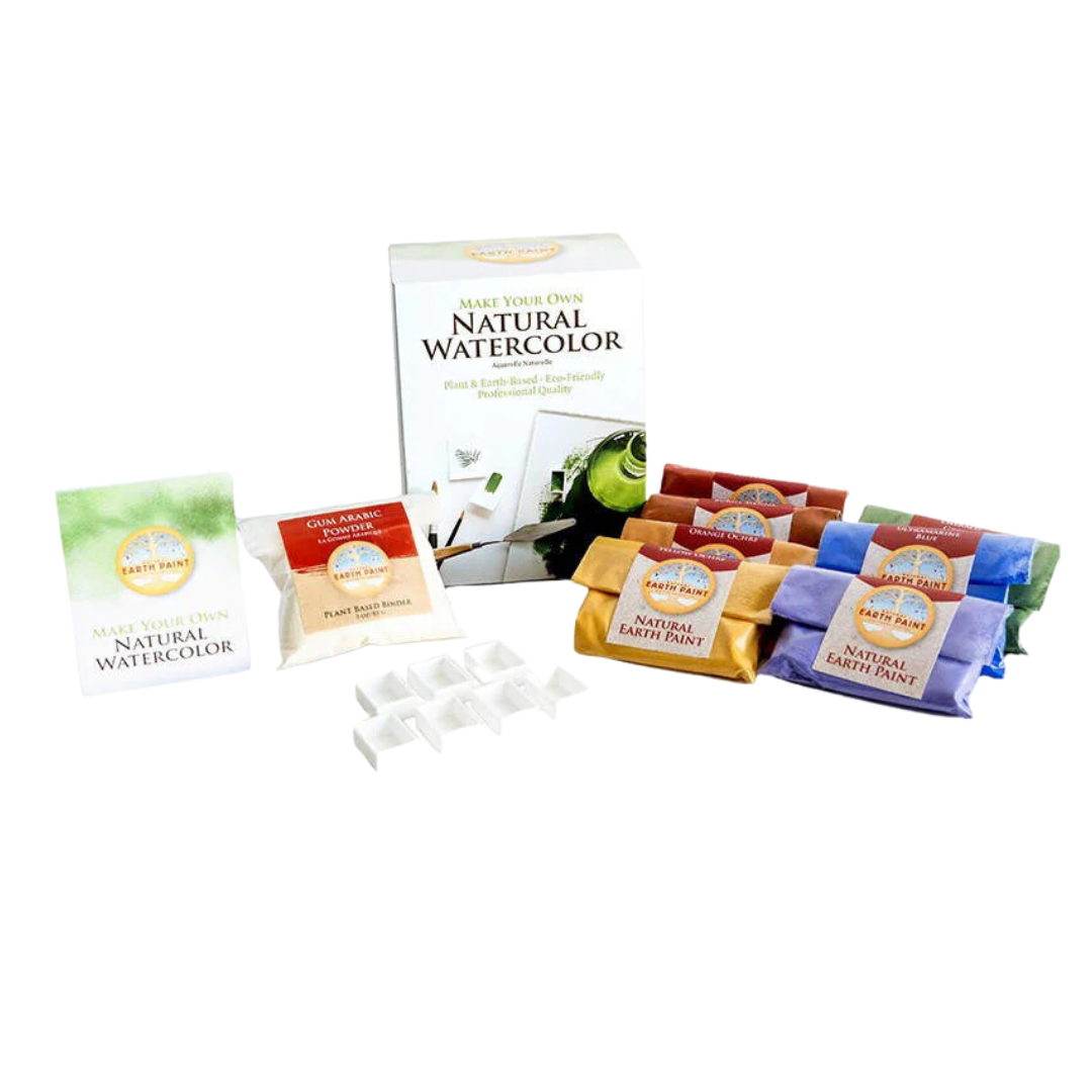 Set of natural watercolor and earth paint packaging on a white background