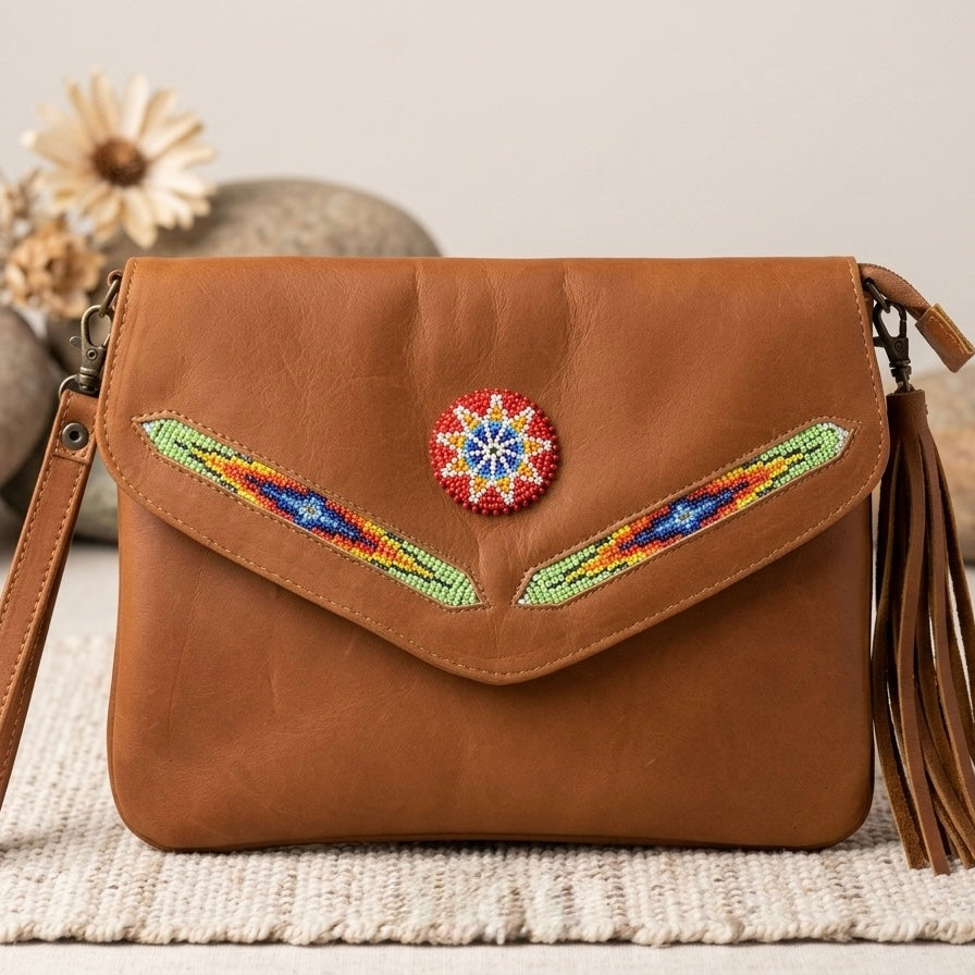 OldTribes A brown leather crossbody bag with a flap closure, decorated with colorful beaded geometric patterns on the flap and a circular beaded medallion at the center. The bag features a brown leather strap, a tassel detail on the right side, and is displayed on a textured beige rug with neutral background props.