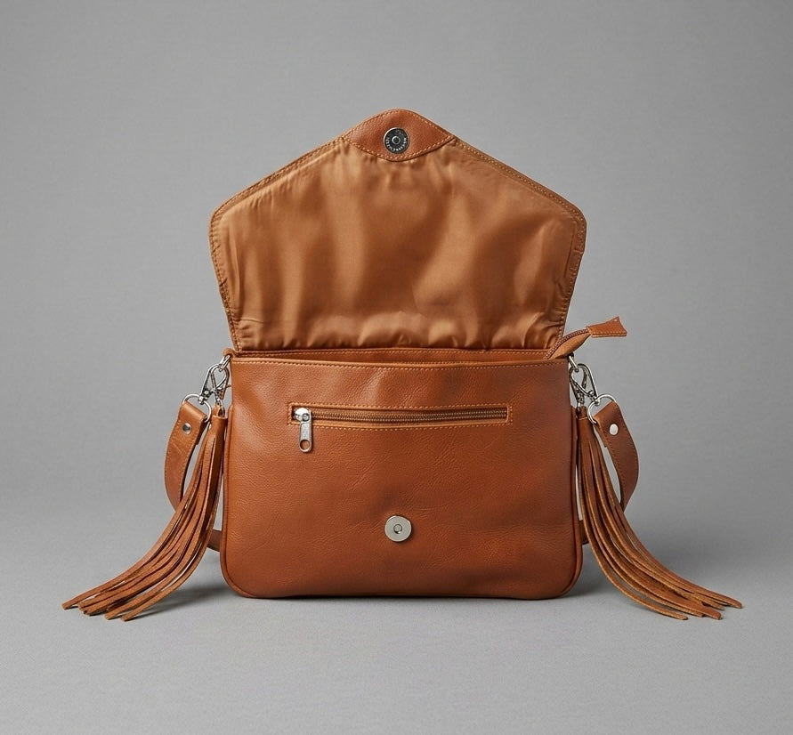 OldTribes A warm brown leather crossbody bag with a flap closure, silver-tone hardware, and long fringe tassels on both sides, photographed against a neutral gray background.