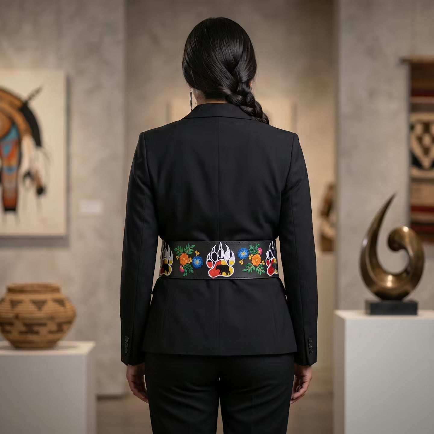 Person wearing a black blazer with a colorful belt in an art gallery setting