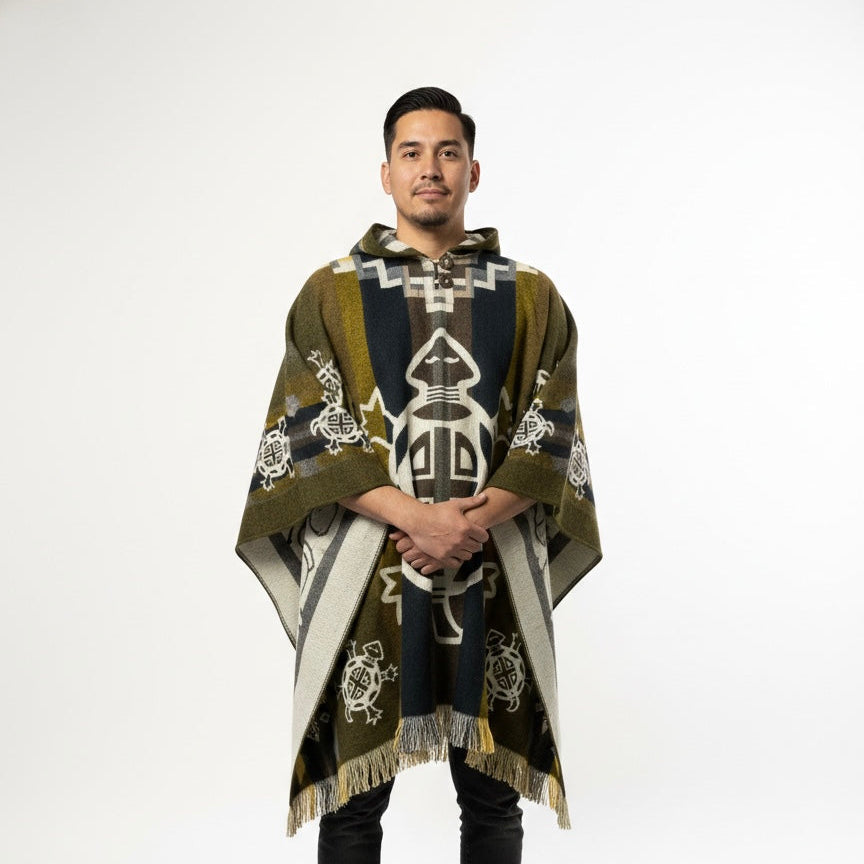 A man wearing a hooded knit poncho with a dark navy blue, olive green, and cream geometric pattern, standing against a plain white studio background.