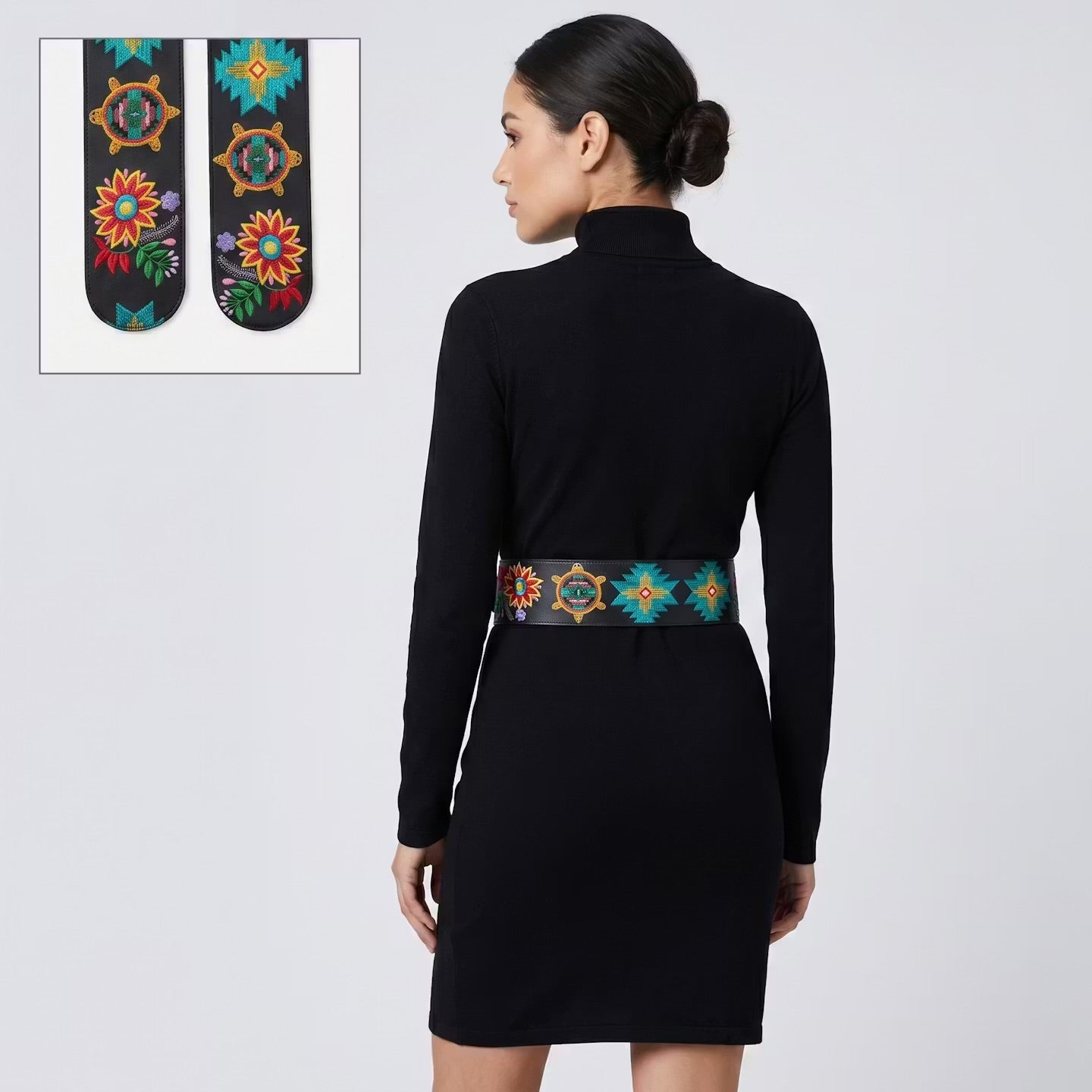 Woman wearing a black dress with a Old Tribes Heritage Leather Regalia Belt – Turtle – Black Leather with Turquoise & Ochre Embroidery