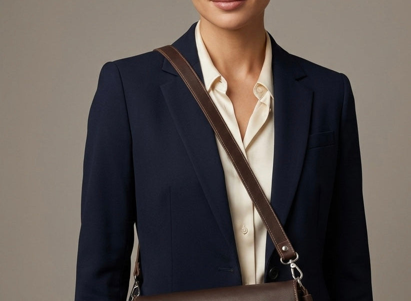 Woman wearing a dark blue blazer and carrying a brown leather bag against a neutral background