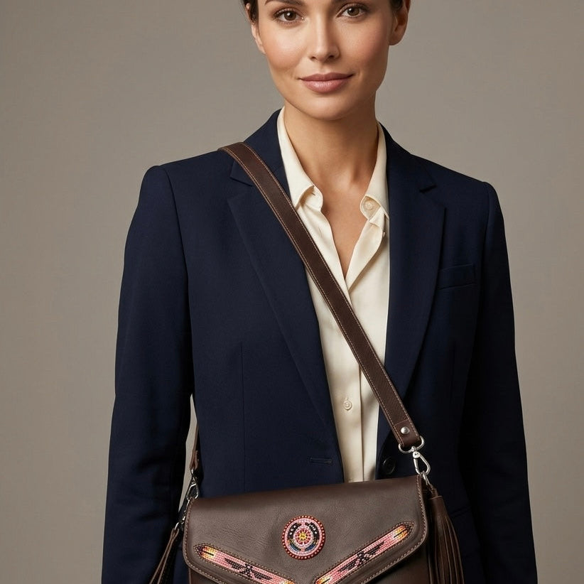 Woman wearing a dark blue blazer and carrying a brown leather bag against a neutral background