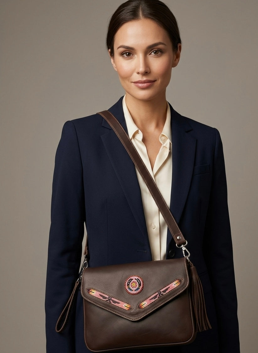 Woman wearing a dark blue blazer and carrying a brown leather bag against a neutral background