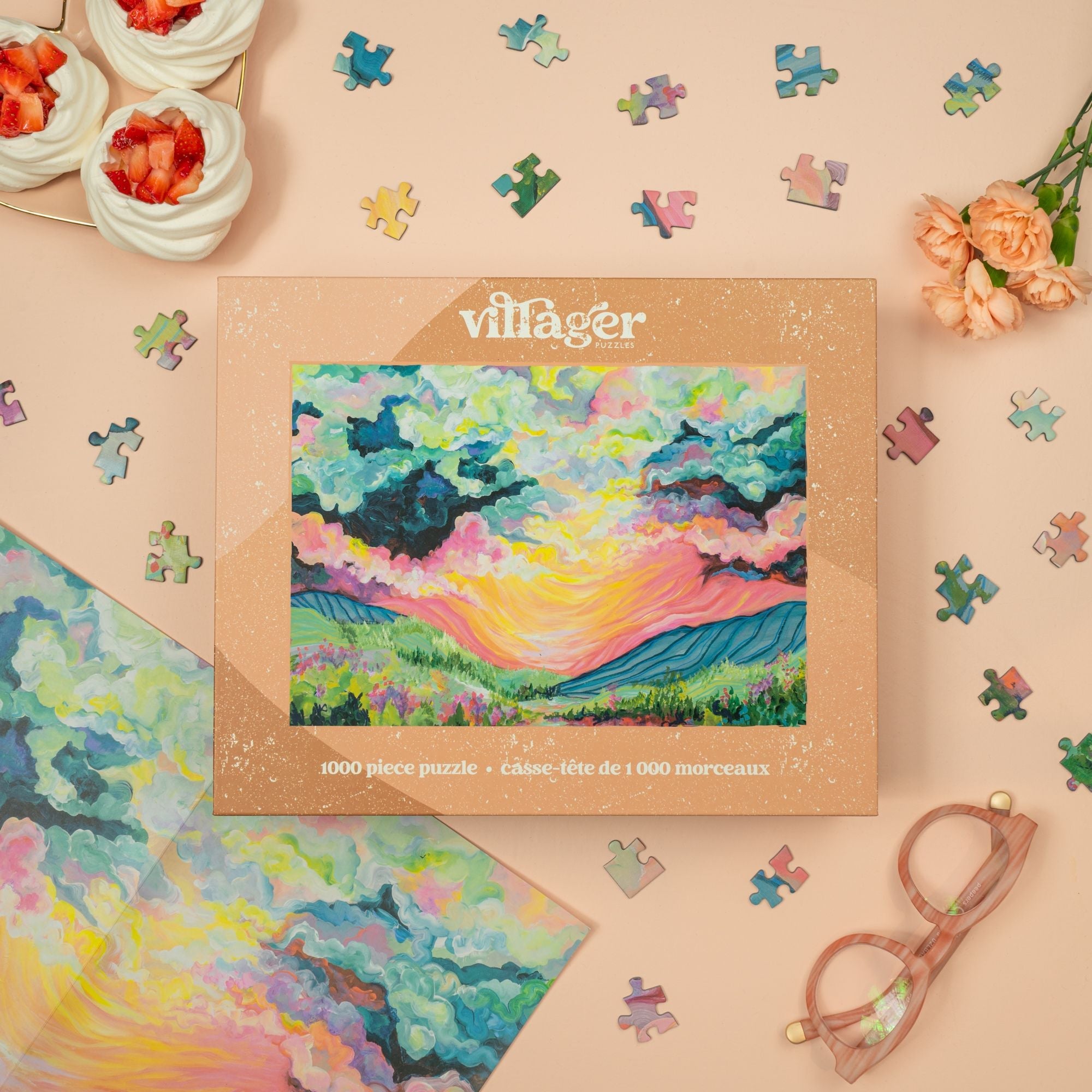 Villager Daybreak | 1000-Piece Puzzle for Adults and a sunset landscape illustration on a pink background.