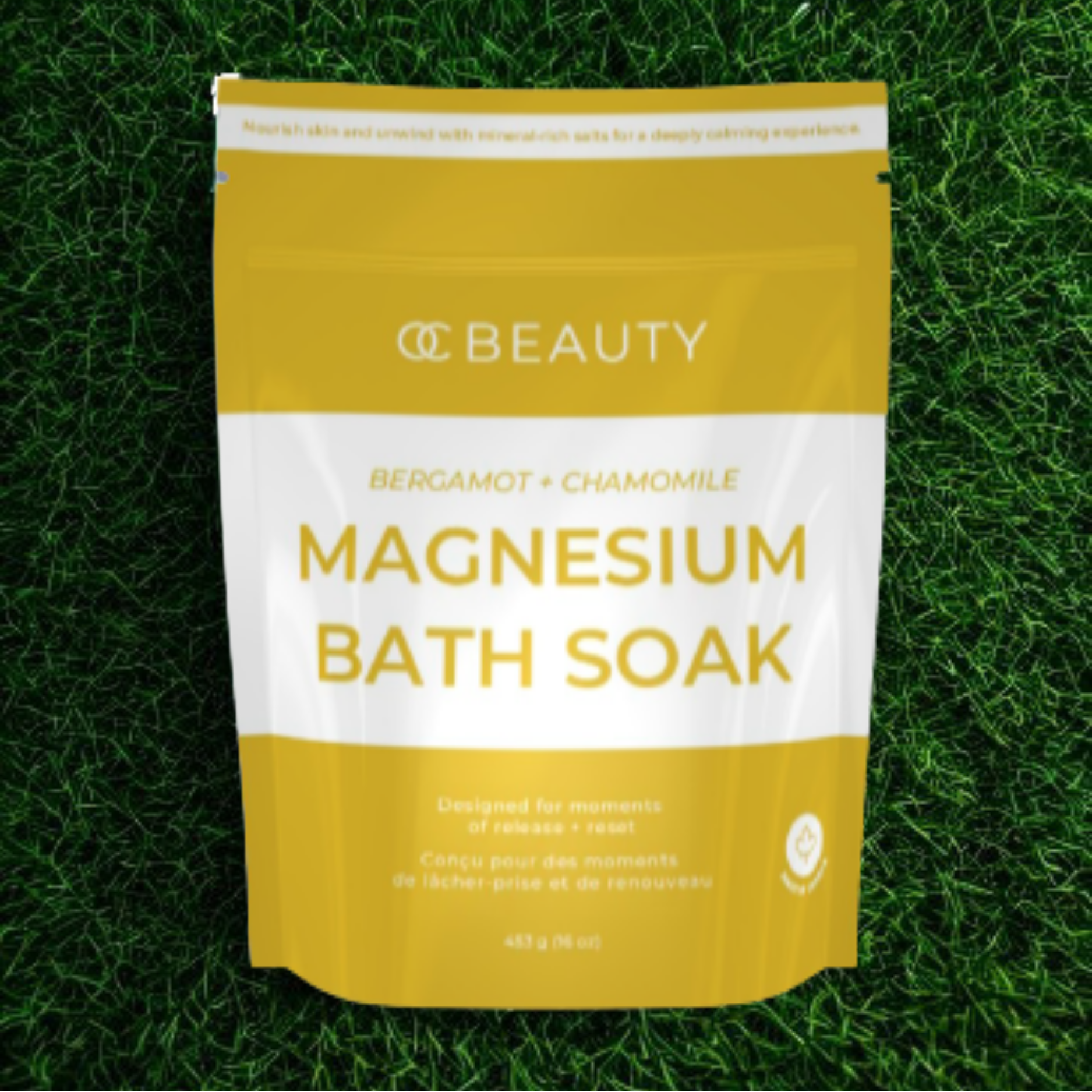 Yellow and white package of CC Beauty Bergamot + Chamomile Magnesium Bath Soak