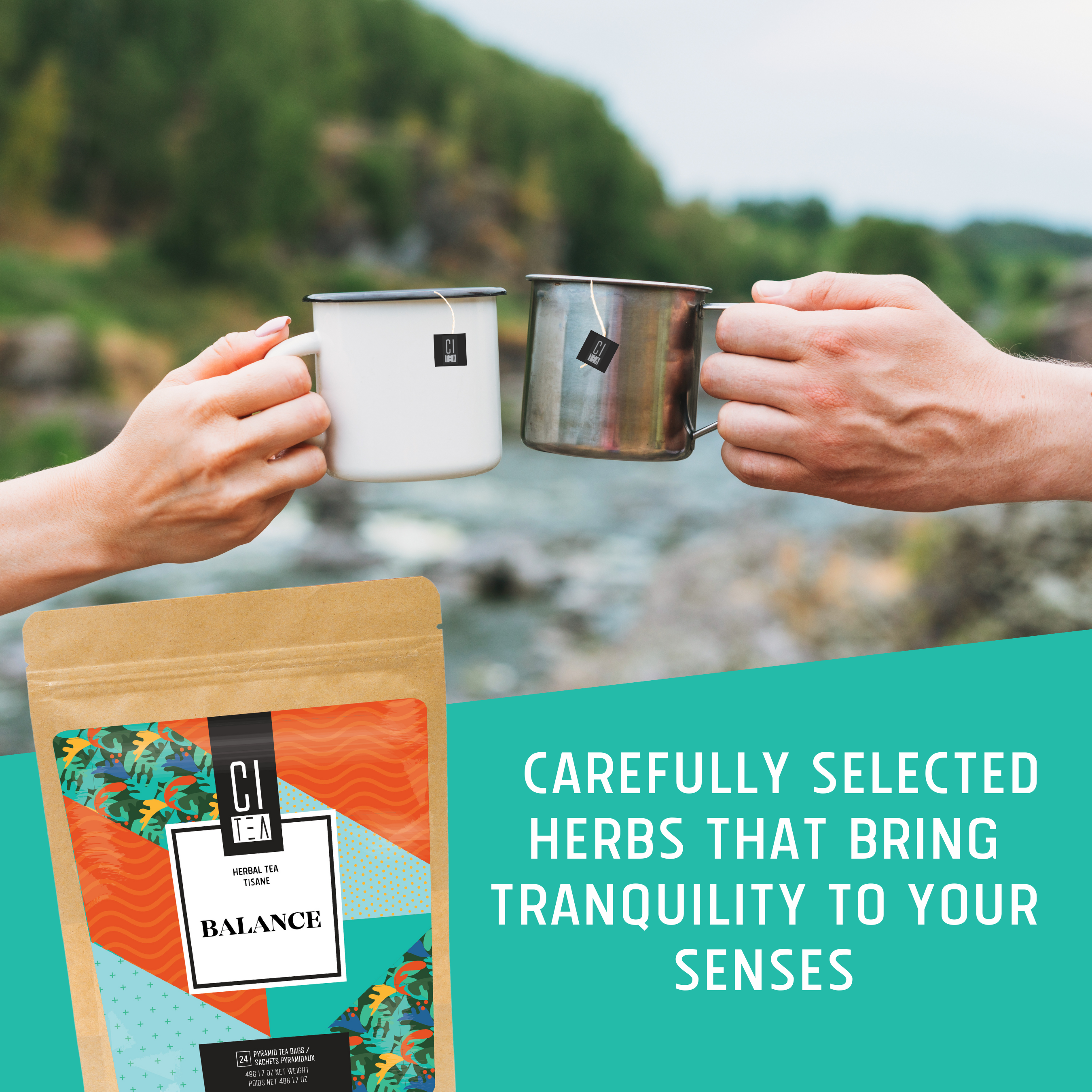 Two hands holding mugs with a tea package labeled 'Balance' against a natural background.