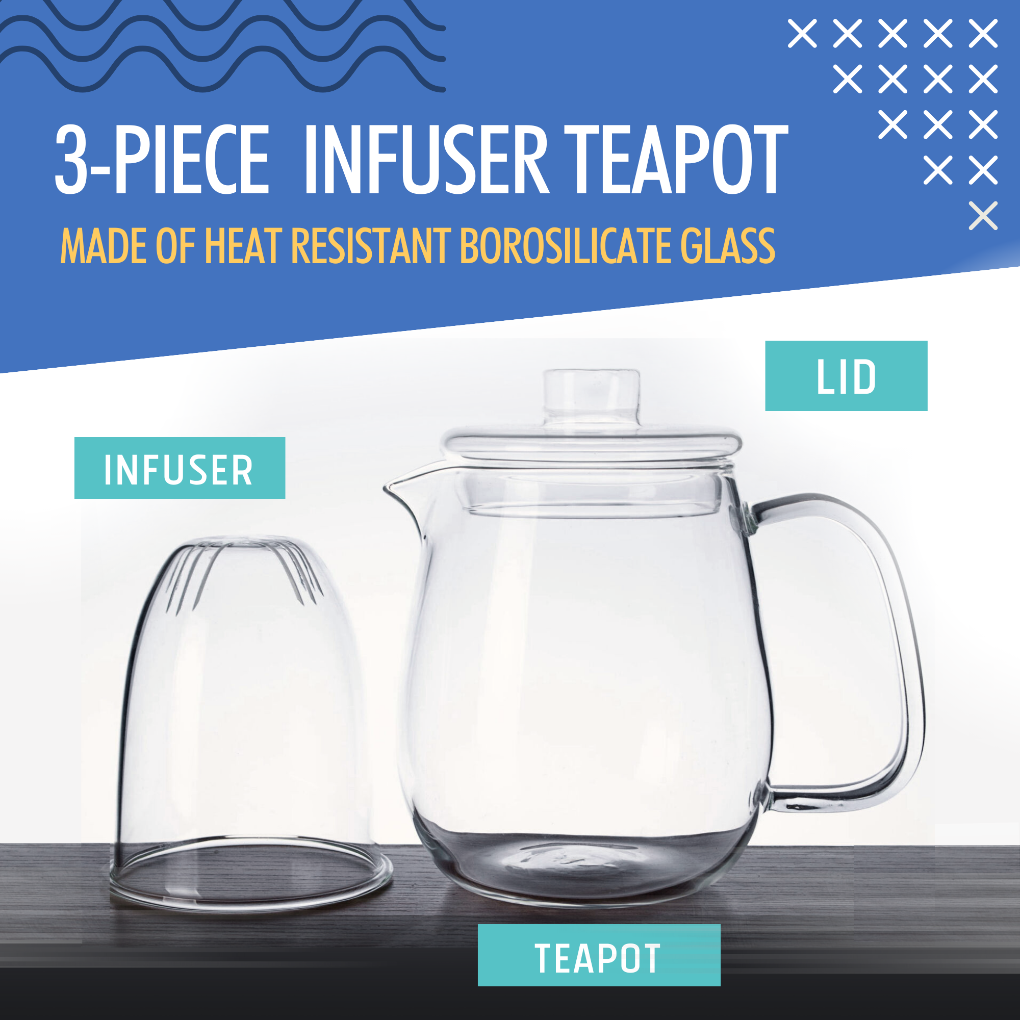3-piece infuser teapot set with labeled parts on a blue and white background
