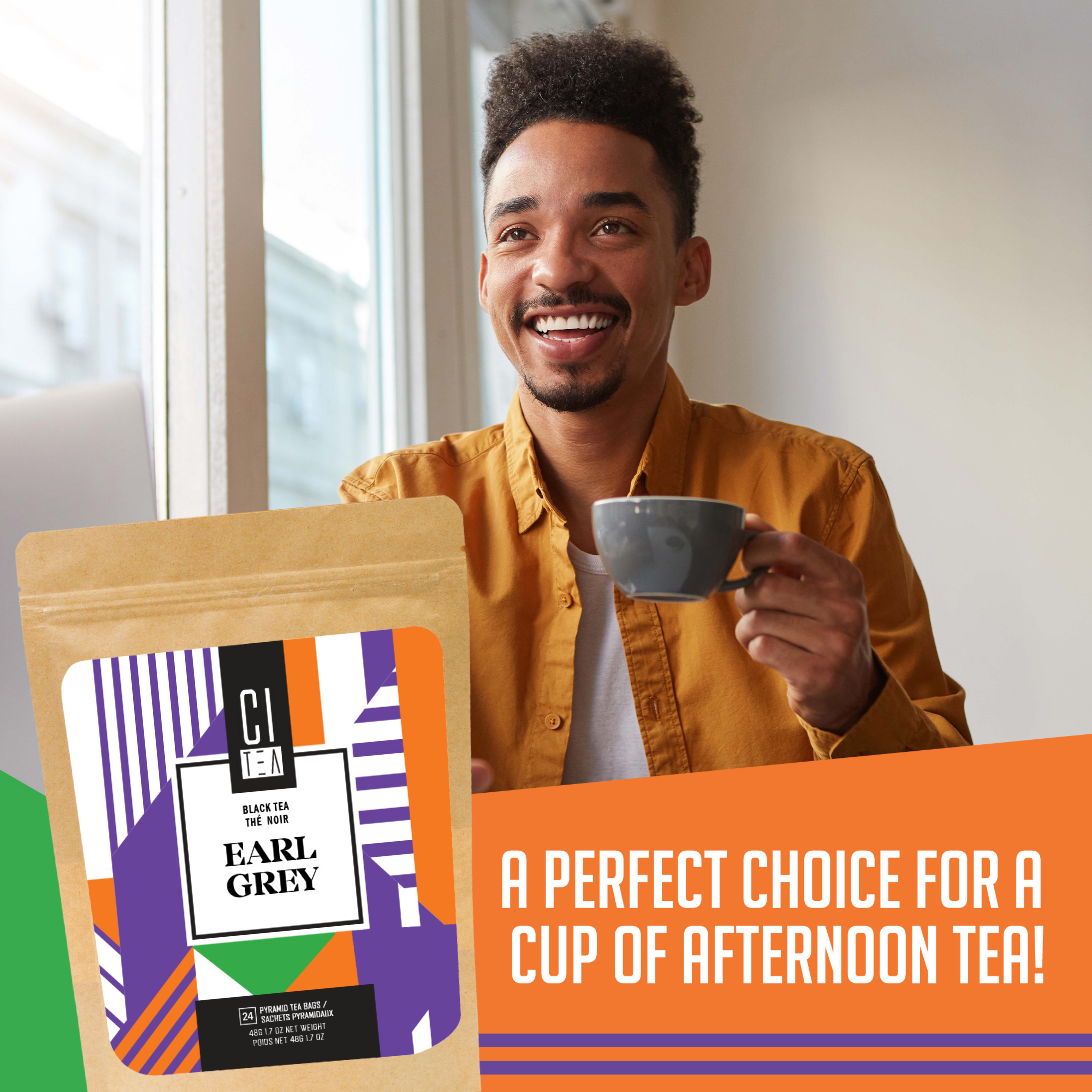 Man holding a cup of tea with a CL Earl Grey tea package and promotional text.