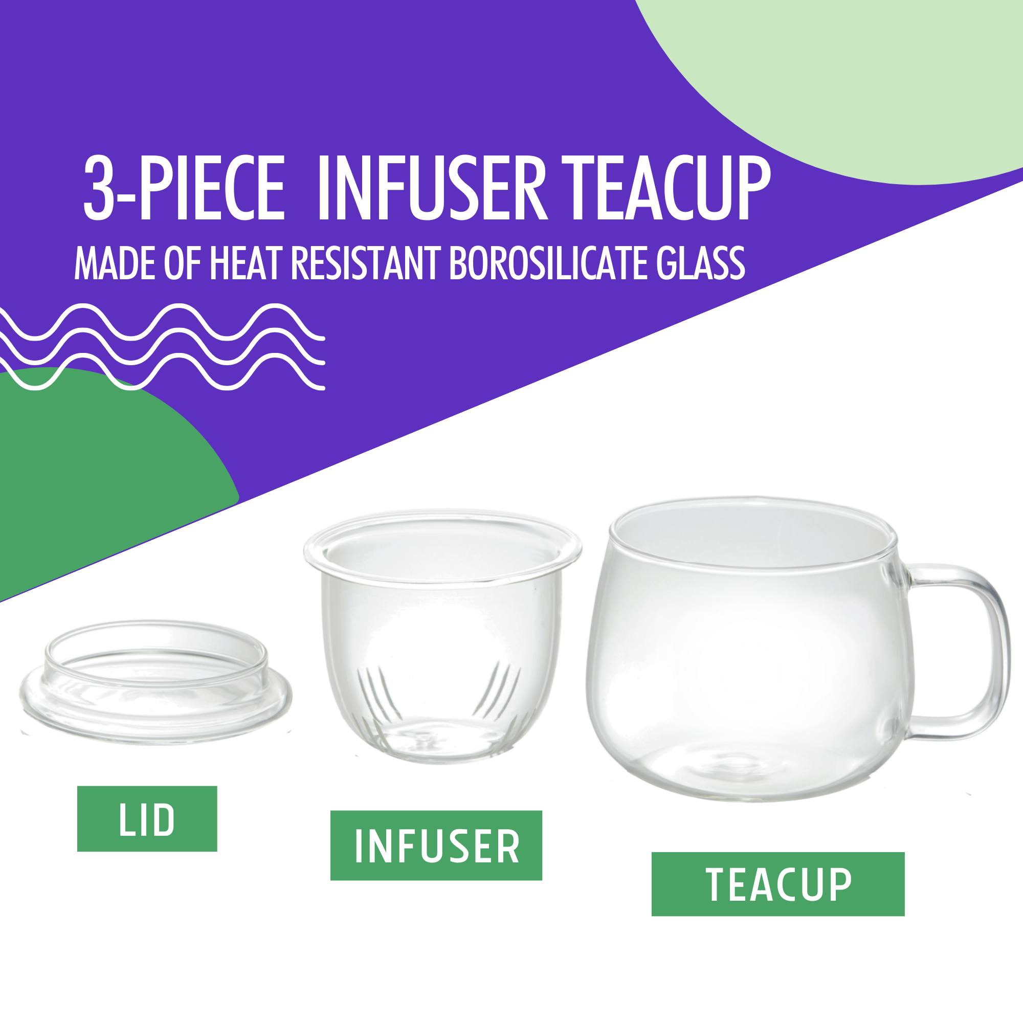 3-piece infuser teacup set with lid and infuser on a colorful background