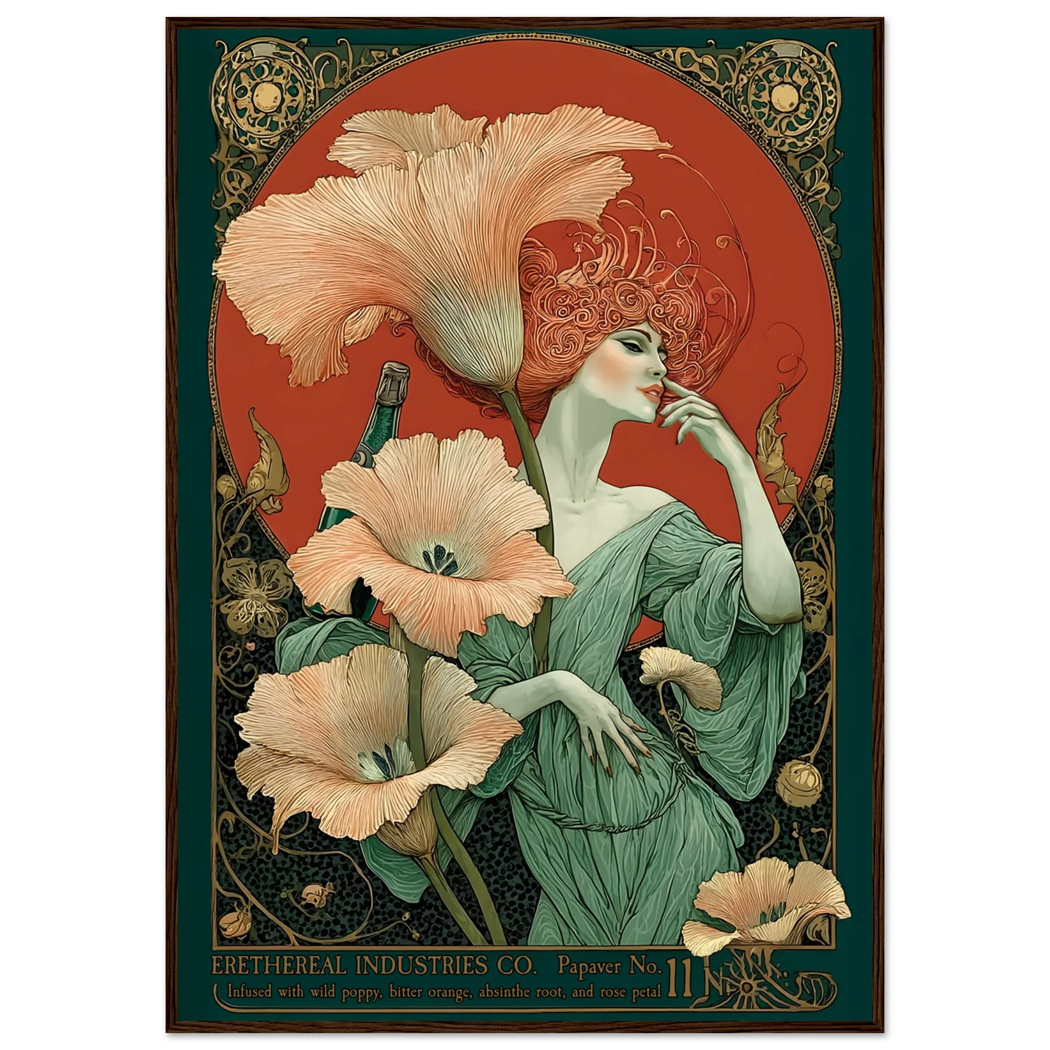 Art Nouveau-style illustration of a woman with flowers, featuring intricate designs and a red background.