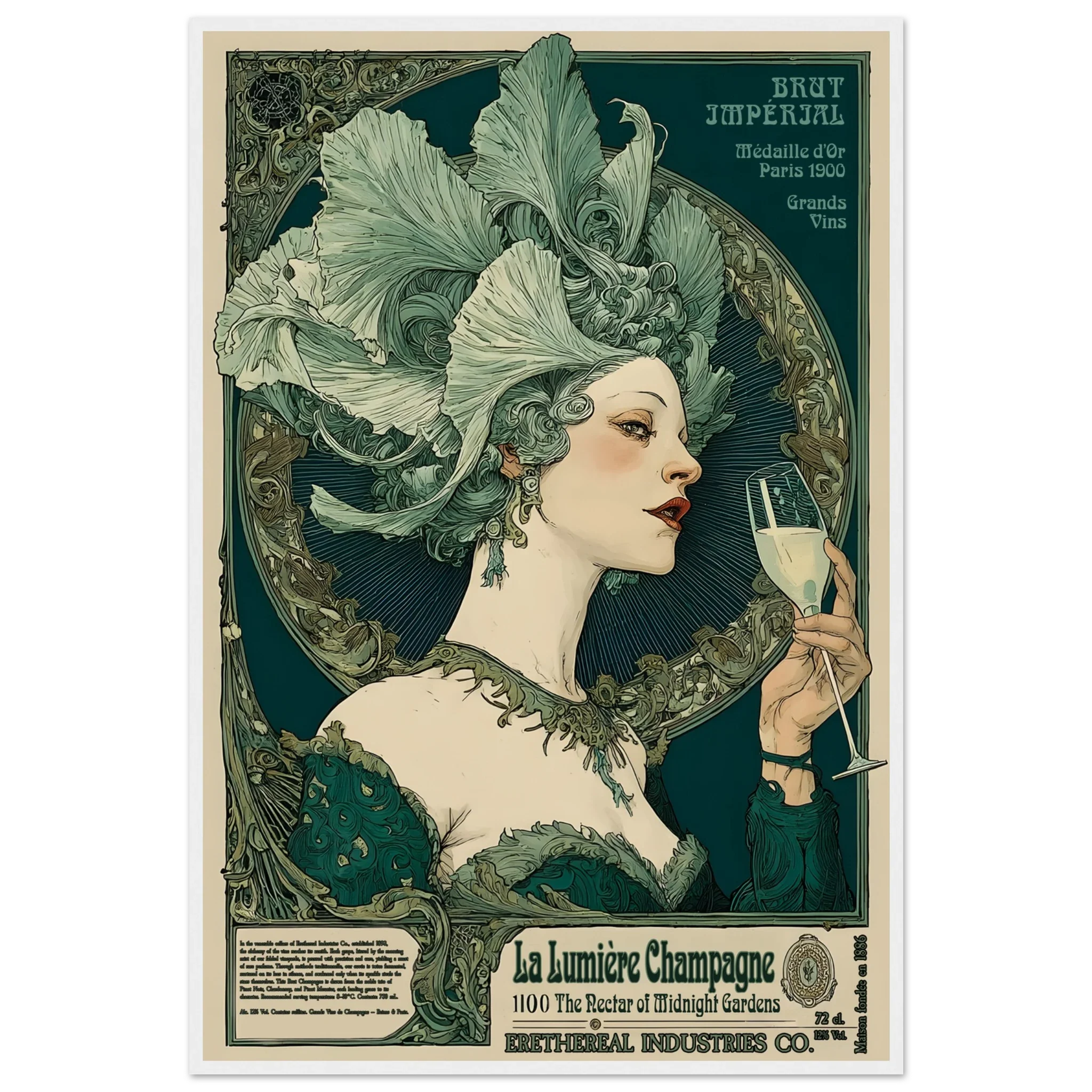 Vintage-style advertisement poster featuring a woman with an elaborate headpiece holding a champagne glass.