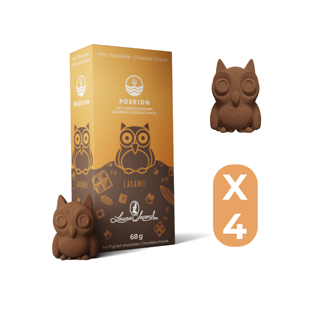 Chocolate owl figurines with packaging on a black background