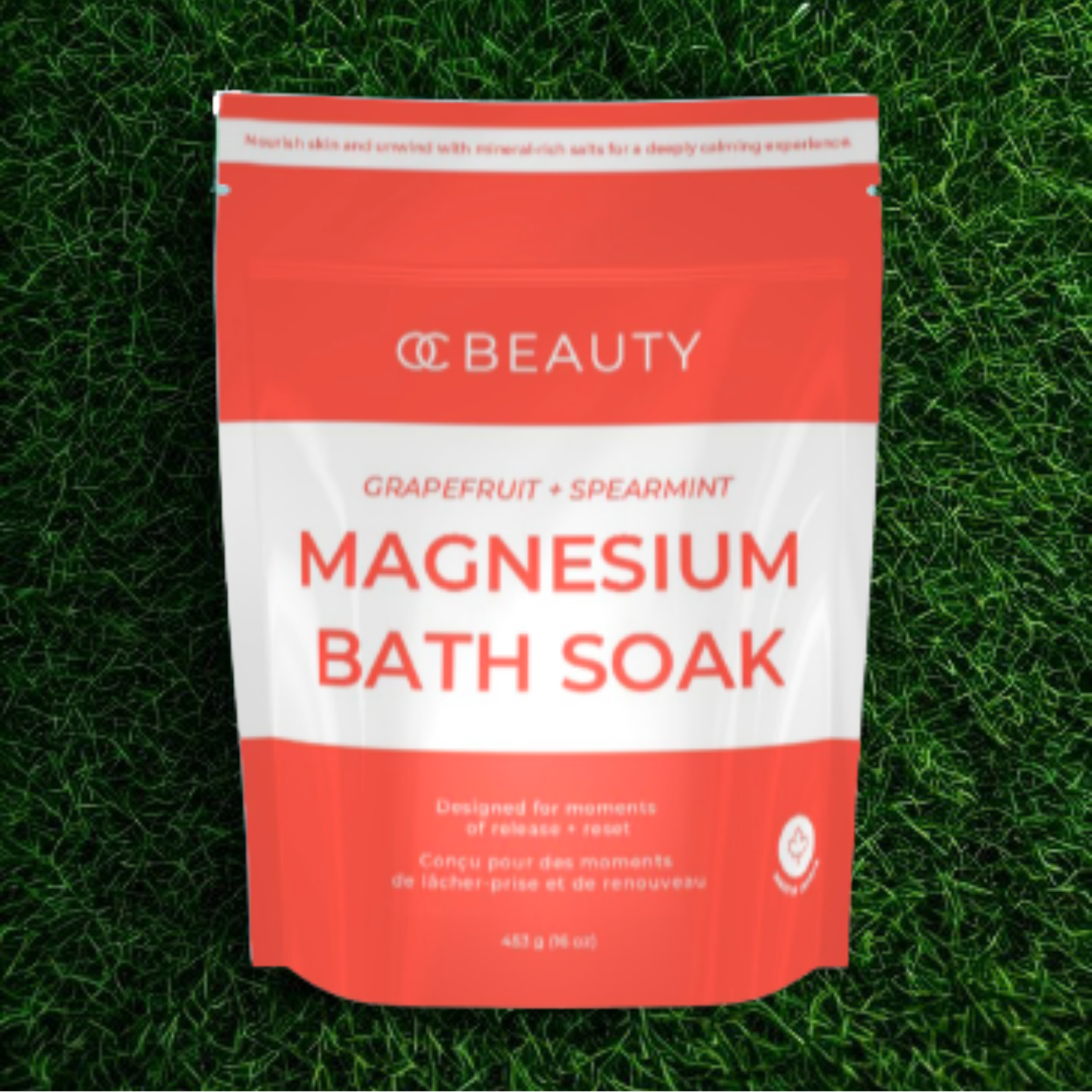 Grapefruit+ Spearmint Magnesium Bath Soak package on grass