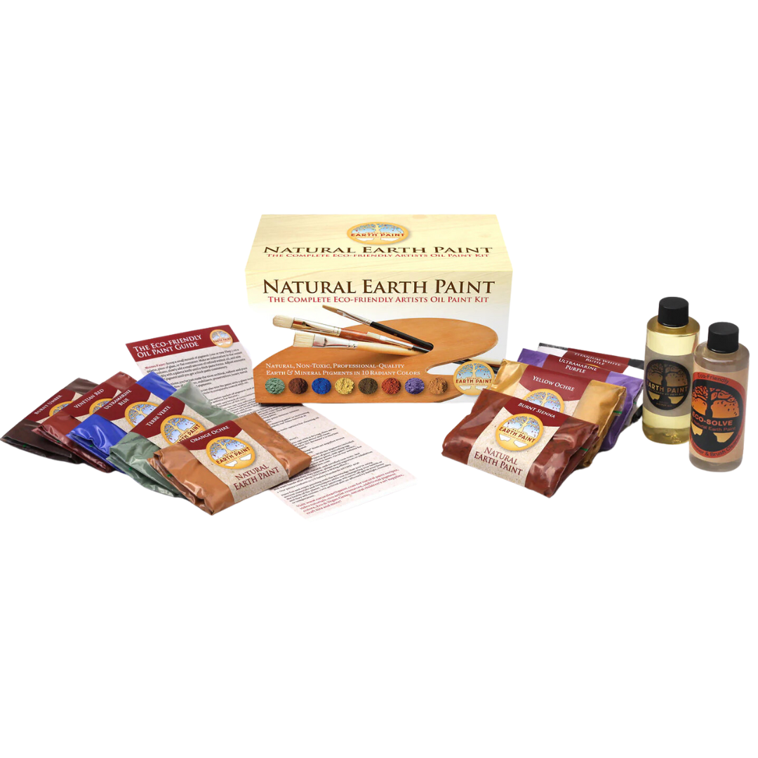 Natural Earth Paint kit with various paint products on a white background
