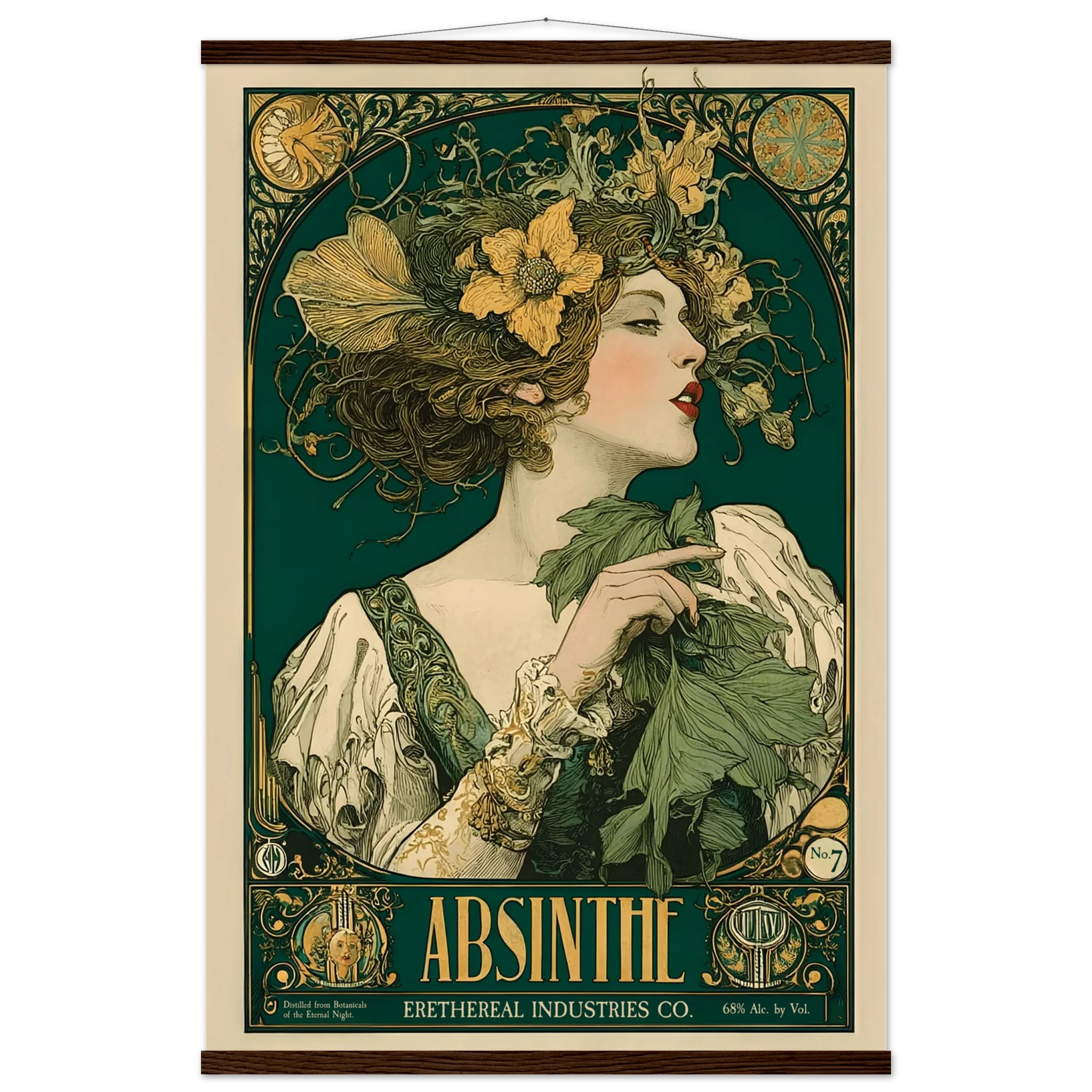 Vintage-style Absinthe poster with a woman holding leaves and flowers.