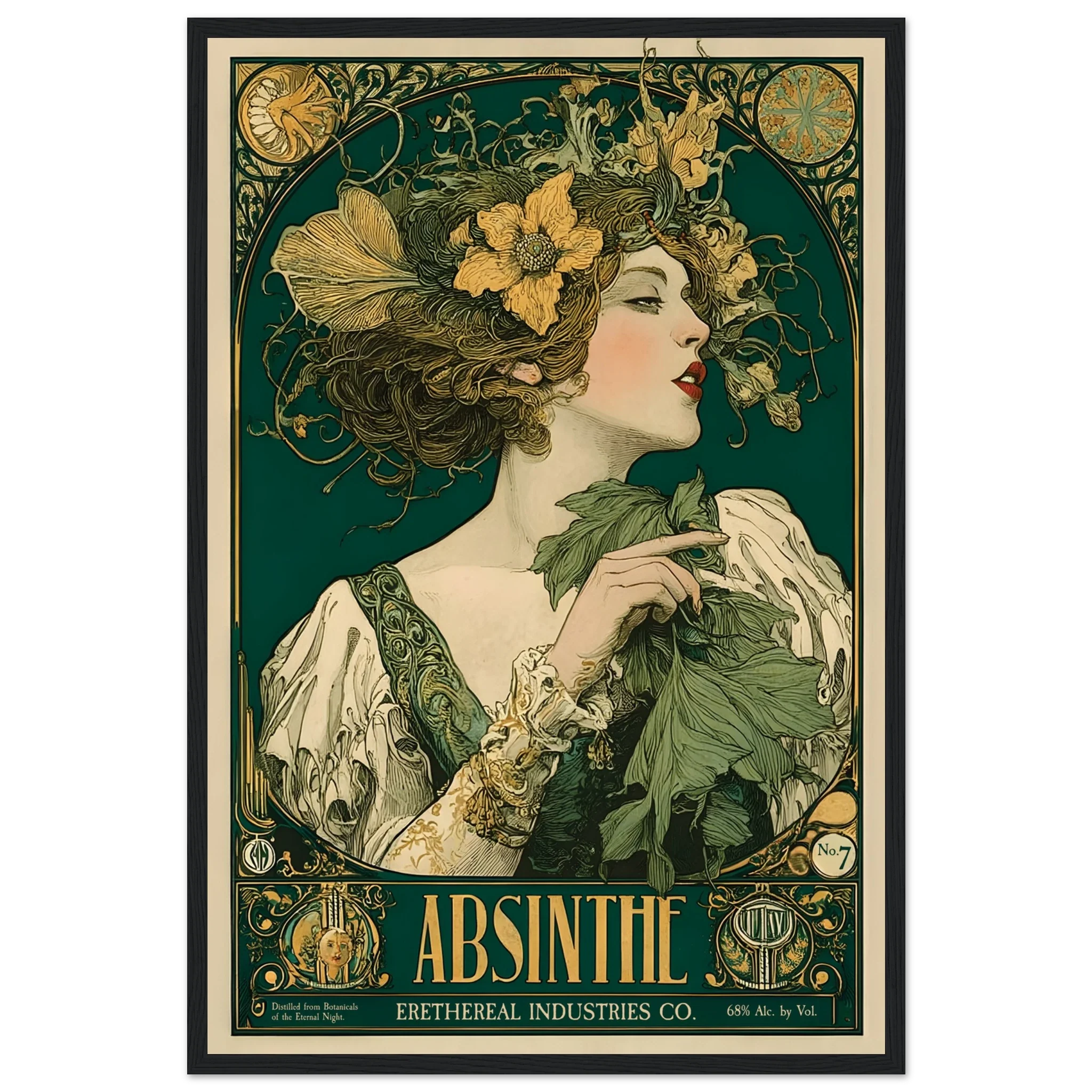 Vintage-style Absinthe poster with a woman holding an absinthe leaf.