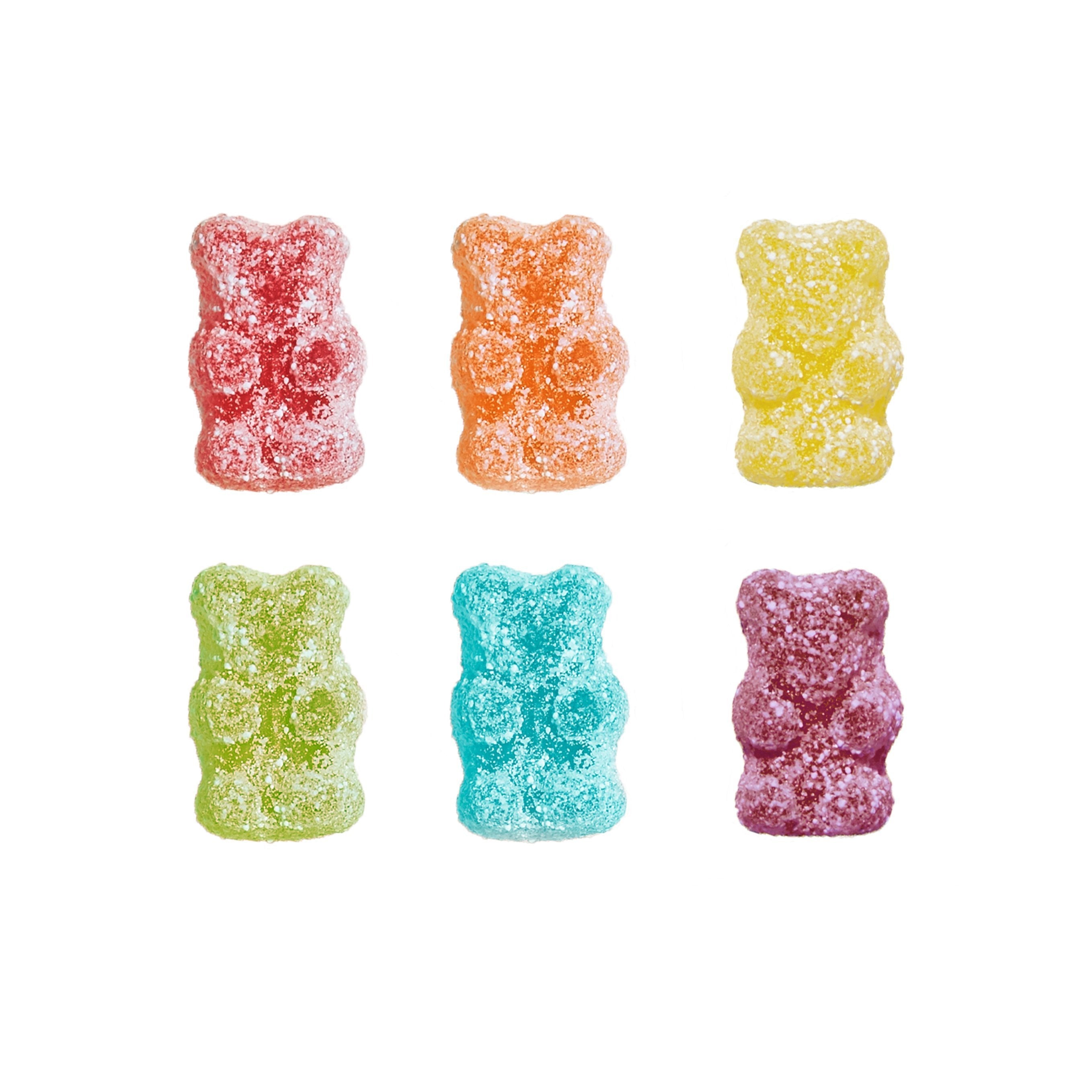 Six colorful gummy bear candies on a white background